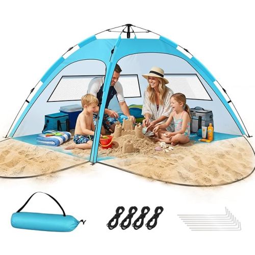 Beach Tent Sun Shelter – Pop Up Easy Setup in 3S Instant Tents for 4/5 Person Beach Umbrella Sun Shelter Shade, UV 50+ Protection, Wind Resistant, Lightweight Portable Baby Tents Shade for Family