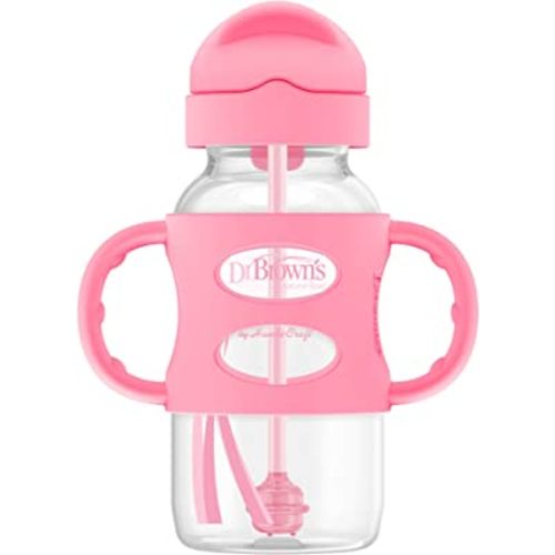 Dr. Brown's Milestones Wide-Neck Sippy Straw Bottle with 100% Silicone Handles and Weighted Straw, 9 oz/270 mL, Pink, 6m+