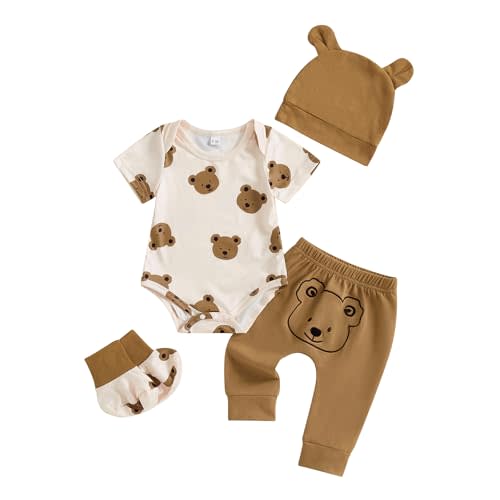 Karesoull Newborn Baby Boy Farm Outfits Letter Print Romper + Pants + Hat 3PCS Cute Infant Boy's Clothes Set