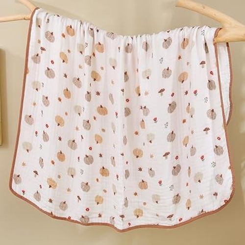 Ultra Soft 6-Layer Muslin Baby Blanket 43"x43" Happy Fall Pumpkin Breathable Lightweight Muslin Cotton Swaddles Bed Blankets for Toddlers Babies Newborn Birthday Gifts All Seasons
