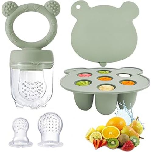 ninecessary Silicone Baby Food Freezer Tray & Baby Fruit Feeder, Breastmilk Popsicle Molds for Teething and Infant Self Feeding, BPA Free Teether for Babies 4 Month+ (Green)
