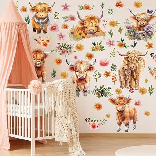 Yinder 12 Sheet 78 Pcs Highland Cow Wall Decals Baby Wall Stickers Cute Highland Cow Sticker for Kids Baby Room Bedroom Bathroom Classroom Living Room Nursery Decor