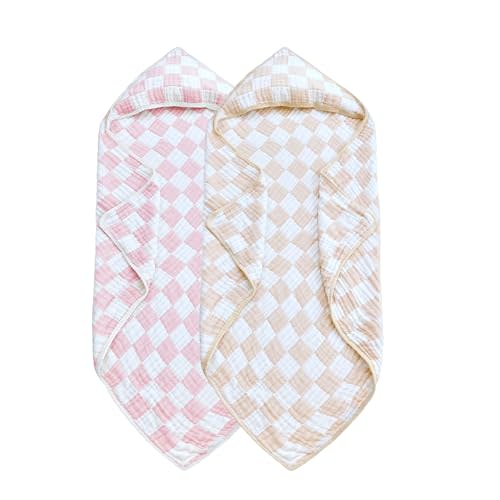 Ultra Soft Checkered Muslin Hooded Baby Towels for Newborn Boys and Girls 2 Pack 32x32 inch Cotton Muslin Baby Bath Towels for Newborns Toddlers,Newborn Essential (Cream and Pink)