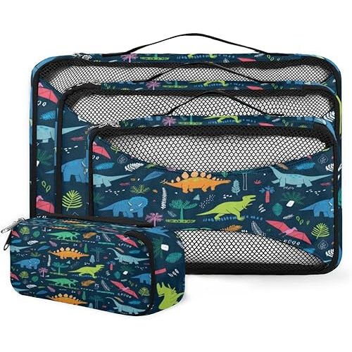 Cartoon Animal Dinosaur Tropical Trees Packing Cubes 4 Pack Travel Packing Bags Individual Carry on Suitcases Underwear Luggage Mesh Organizer Packing Cubes Set for Travel Bag Backpack