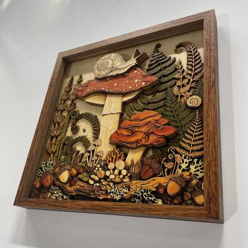 Snail Mushroom Fern Wooden Wall Art, Woodland Nature Decor, Cottagecore Forest Wall Hanging, Botanical Garden Home Accent