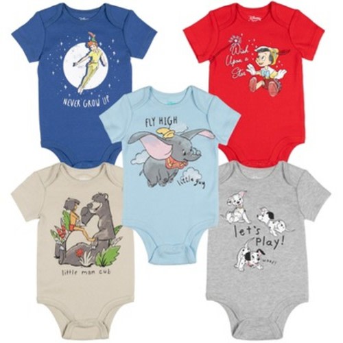 Disney Classics Dumbo Pinocchio Baloo Newborn Baby Boys 5 Pack Bodysuits Multicolor 0-3 Months