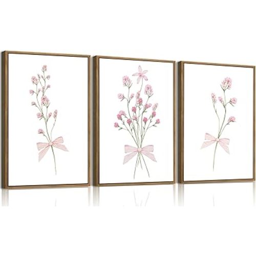 SongZest 3 Piece Pink Floral Framed Wall Art Boho Flower Nursery Canvas Art Prints Wildflower Bow Pictures Wall Decor Cute Paintings Artwork for Girl Bedroom Bathroom 12x16in