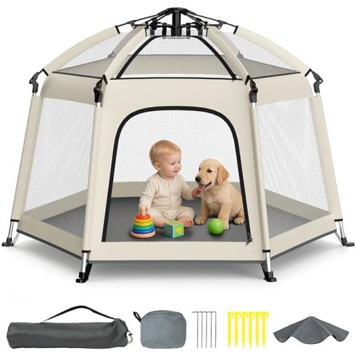 Foldable Baby Playpen with Canopy: Durable 450D Oxford & Aluminum, Beige
