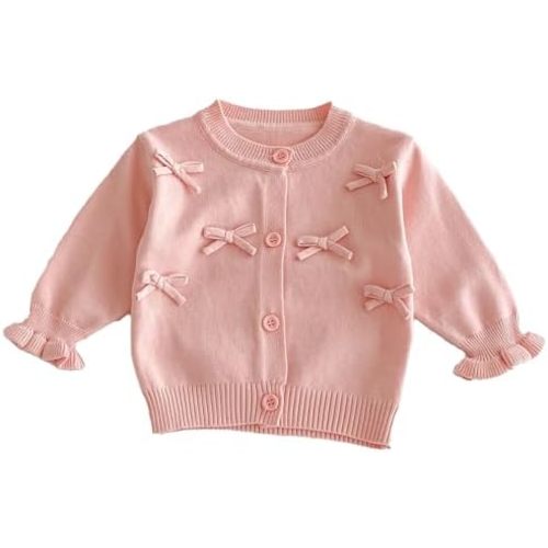 Toddler Girls' Pink Cardigan - Long Sleeve Button - Up Knit Sweater with Cute Bow Decor