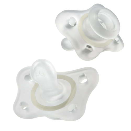Chicco PhysioForma® 100% Soft Silicone Mini Glow-in-the-Dark One-Piece Pacifier, Orthodontic Nipple Supports Breathing, BPA & Latex Free, Reusable Sterilizing Case, 2-6 Months, 2pk - Clear