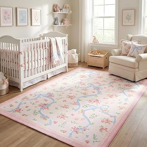 GarveeHome Pink and Blue Bow Rugs for Bedroom Girls, 4x6 Rug for Living Room with Soft Low Pile, Floral Pink Washable Area Rug for Nursery Kids Playroom Dorm Office Carpet Bow Decor