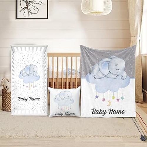 Custom Crib Bedding Set - Elephant Design Personalized Name Baby Nursery Bedding 3 Pcs Set - Chic Soft Blanket, Sheet, Pillowcase for Newborns Boys Girls Gifts Color05