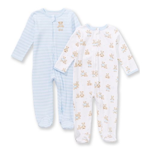 Little Me Baby Boys Long Sleeve Bear Print & Stripe Footies 2-Pack