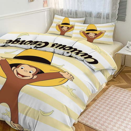 Curious George Monkey Double sided 3-Piece Bedding Set (1 Duvet Cover + 2 Pillow Shams) - TV Cartoon Set - Gift