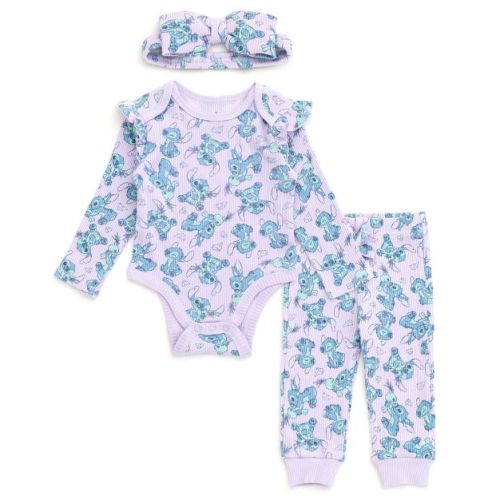 Disney Lilo & Stitch Newborn Baby Girls Ribbed Bodysuit, Jogger Pants and Headband 3 Piece Outfit Set Lavender Stitch 3-6 Months