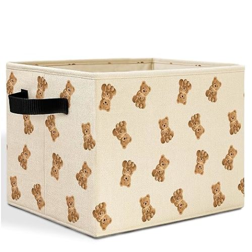 Cute Bear Kids Storage Bins Box with Handles, Bear Nursery Decor, Brown Bears Animal Laundry Basket Hamper Collapsible Clothes Toys Organizer for Kids Room Nursery Playroom Bathroom
