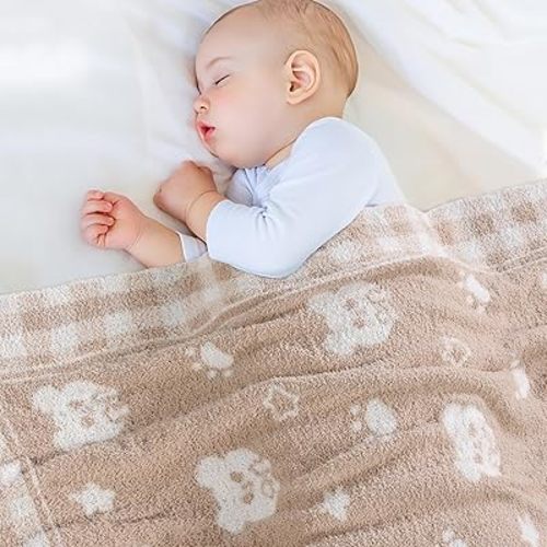 Beige Bear Baby Blanket – Knitted Teddy Design Throw for Baby Boys & Girls, Nursery Essentials & Shower Gifts – Soft & Warm, 30x40 Inch