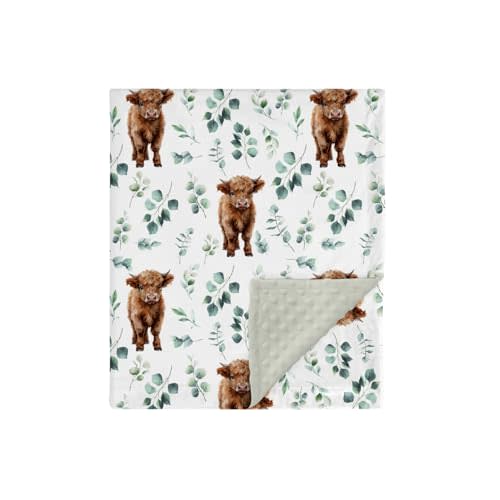 Highland Cow Eucalyptus Leaf Mink Baby Blanket Dotted Backing Boy Girl Gift, Western Farm Animal Yak Double Layer Flannel Nursery Bed Blankets, Soft Plush Newborn Infant Toddler Crib Bedding 30 x 40
