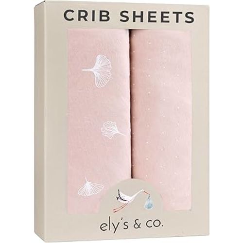Ely’s & Co. Crib Sheet 2-Pack — Combed, 100% Jersey Cotton for Baby Girl — Rosewater Pink, Pin Dots & Gingko Leaves 52” x 28”