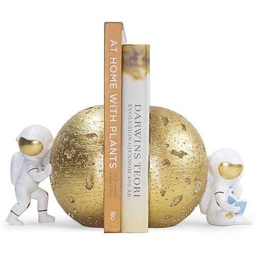 Banllis Heavy Duty Astronaut Bookends, Space-Themed Book Ends for Kids Room & Nursery Decor, Gold Moon Book Stoppers to Hold Books, Decorative Bookends for Shelves, Ideal for Boys and Girls