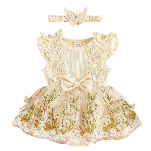 Staki Summer Romper Baby Girl Clothes Newborn Romper Dress Infant Lace Ruffle Sleeveless Summer Outfits with Headband 1-18M(Beige,3-6 Months)