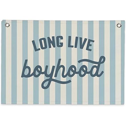 Long Live Boyhood Banner – Linen Canvas Wall Hanging Flag, Boys Room & Nursery Decor, Playroom Wall Art, Baby & Toddler Room Decoration, 20x30 Inch - Blue
