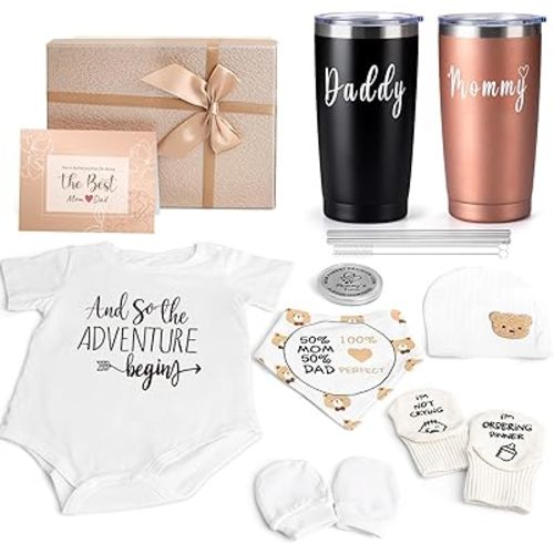 New Mom Gifts for Women, 9 Pcs Best Pregnancy Gifts Basket for New Parents, Gender Reveal Ideas Gift Set for First Time Mom Dad Expecting Parents to Be Gender Reveal Baby Shower Newborn