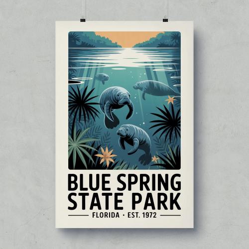 Blue Spring State Park Manatee Art Print, Vintage Florida Travel Poster