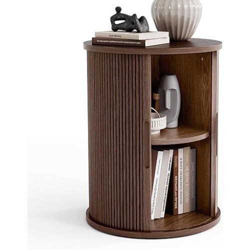 LINSY HOME Round Fluted End Table, Tall Side Table with Sliding Tambour Door and Storage Shelf, Modern Bedside Table, Mid-Century Nightstand for Living Room, Bedroom, Walnut