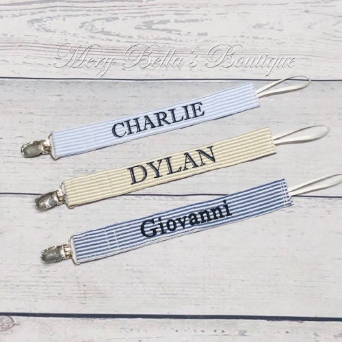 Personalized Pacifier Clip, Embroidered Seersucker Binky Holder