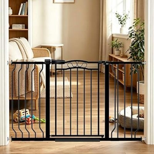 Fairy Baby 29.5"-53.1" Extra Wide Baby Gate for Doorways, No Drill Baby Gate for Stairs Hallway, Pressure Mounted Safety Child Gate Pet Barrier, Walk Thru Auto Close Metal Dog Gate Indoor, Black