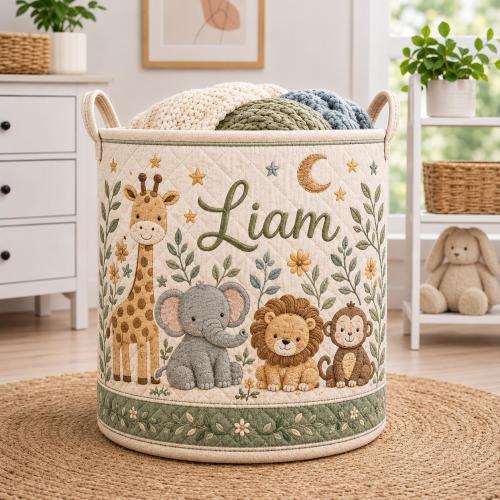 Personalized Safari Nursery Quilt Laundry Basket, Jungle Animal Baby Hamper, Custom Name Lion Giraffe Bin, Fabric Toddler Toy Organizer Bag