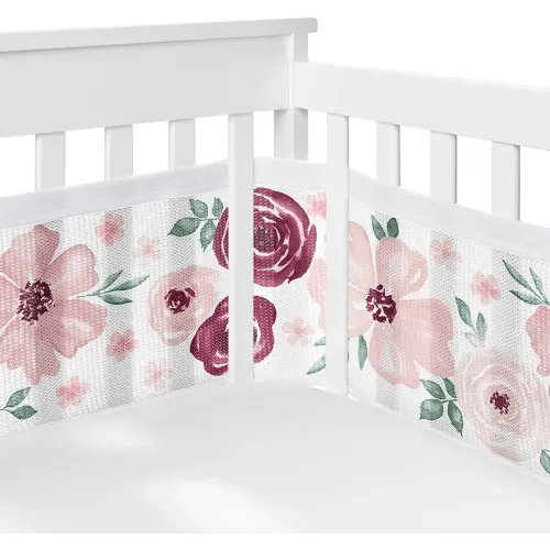 Sweet Jojo Designs + BreathableBaby 2-Piece Breathable Mesh Crib Liner Set (Burgundy Boho Floral) for Girls, Baby, Infants/Newborn Nursery (Bohemian, Shabby Chic, Watercolor, Farmhouse, Pink, Maroon)