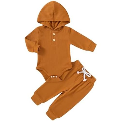 YOUNGER TREE Newborn Baby Boy Girl Clothes Hooded Long Sleeve Romper Pants Set Solid Ribbed Infant Fall Winter Outfits