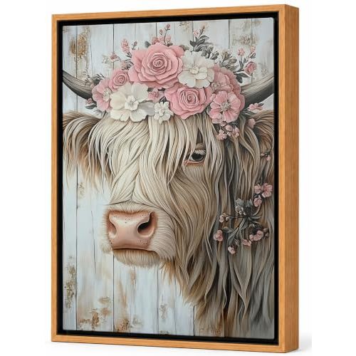 Framed Floral Highland Cow Canvas Wall Art 12x16 Inch | Pink Flower Cow Picture Wall Decor Cute Farmhouse Animal Print Artwork for Bathroom Bedroom Living Room Home Decoration
