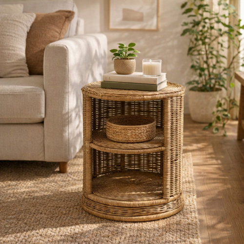 Dakota Fields Handcrafted Woven Wicker Accent Side Table for Kitchen or Living Room - Round Narrow End Table with Shelves for Home Storage Accent - 20", Brown | Wayfair