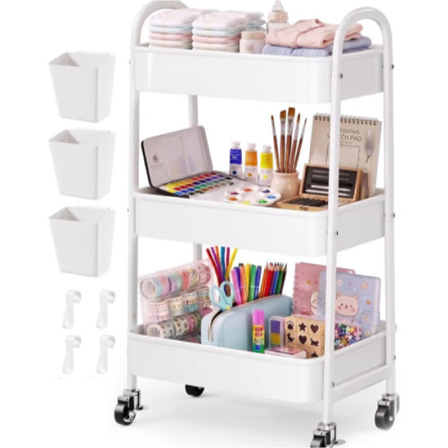 Heavy Duty 3 Tier Rolling Cart Metal with Wheels, White Three Tiered Shelf
