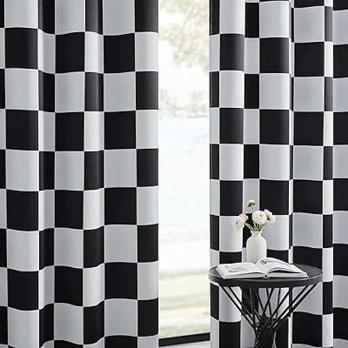 100% Blackout Curtains – Black and White Checkered Race Flag Pattern, 2 Panels, Each W42×L63, Thermal Insulated, Nosie Reducing for Bedroom, Living Room, Race car Drapes
