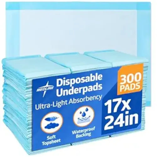 Medline Light Absorbency Underpad, 17" x 24", 300 Count, Disposable Chucks, Bed, Furniture & Surface Protection, For Kids, Adults, Elderly, Puppy Pad, Changing Pad, Incontinence Pee Pad
