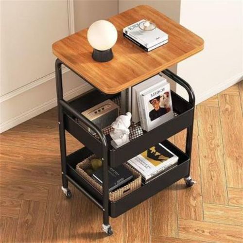 3-Tier Rolling Cart with Lockable Wheels & Wood Top - Mobile Storage Cart for Kitchen, Bathroom, Office & Bedroom