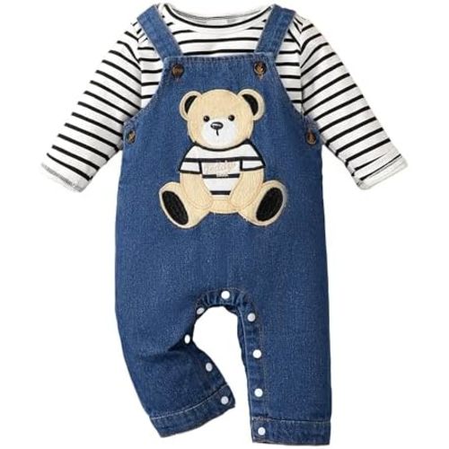 NZRVAWS Newborn Baby Boy Clothes Outfits Infant Stripe Animal Romper Cute Denim Jeans Jumpsuit Overalls 0-18 Months