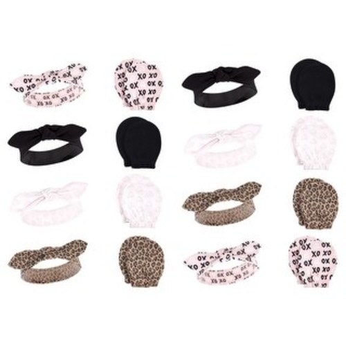 Hudson Baby Infant Girl 16Pc Headband and Scratch Mitten Set, Black Xoxo, 0-6 Months - Black Xoxo