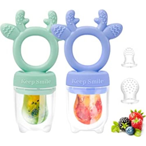 Baby Solids/Frozen Fruit Feeder Pacifier, Infant Teether Toy 4M+, BPA-Free Silicone Pouch & Nipple, Safely Introduce Solids, Teething Relief, 2-Pack (Deer - Green Purple, S/M/L)