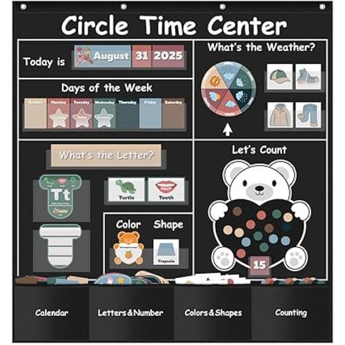 Circle Time Learning Center Pocket Chart for Classroom, Dry Erase Alphabet & Number Flash Cards, Write ABC Letter Tracing Writing Practice Games for Kids, Learning Weather Counting Color Shape