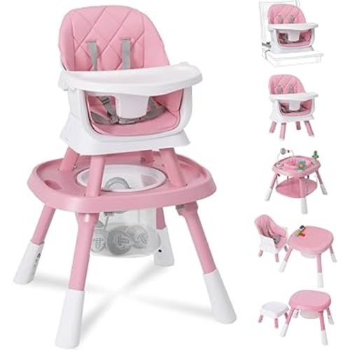 Babyliebe 15-in-1 Baby High Chair, Convertible Highchair for Babies and Toddlers with Activity Center, Booster Seat, Building Block Table, Toddler Chair with Safety Harness, Removable Tray (Pink)