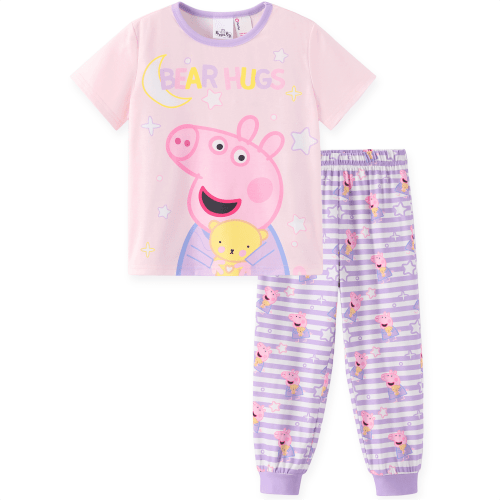 Peppa Pig Toddler Girls Pajamas Set Graphic Short Sleeve Top Pink Tee Purple Stripe Print Pants 2 Piece Kids Sleepwear PJs Sizes 2Y