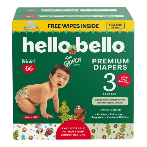 Hello Bello Premium Baby Grinch Diapers Club Box with Bonus Wipes - Size 3, 66 Count