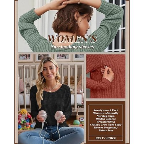 3 Pack Women's Nursing Long Sleeve Tops Breastfeeding Thermal Sweaters with Hidden Zipper Maternity Ribbed Shirts