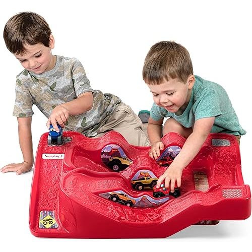 Simplay3 Monster City Extreme Wheels Car Race Track Table - Red Portable 2 Sided Kids Play Table with 2 Monster Race Trucks - Made in USA