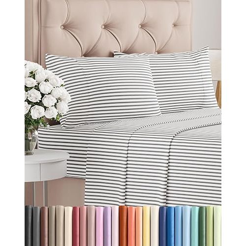 Queen Size 4 Piece Sheet Set - Comfy Breathable & Cooling Sheets - Hotel Luxury Bed Sheets for Women & Men - Deep Pockets, Easy-Fit, Soft & Wrinkle Free Sheets - Grey Stripes Oeko-Tex Bed Sheet Set
